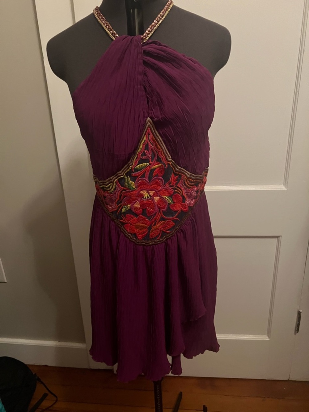 Free People Plum Halter Mini Dress with Embroidered Waist